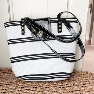 Eric Javits Straw And Patent Leather Handbag | black and white | nwot
